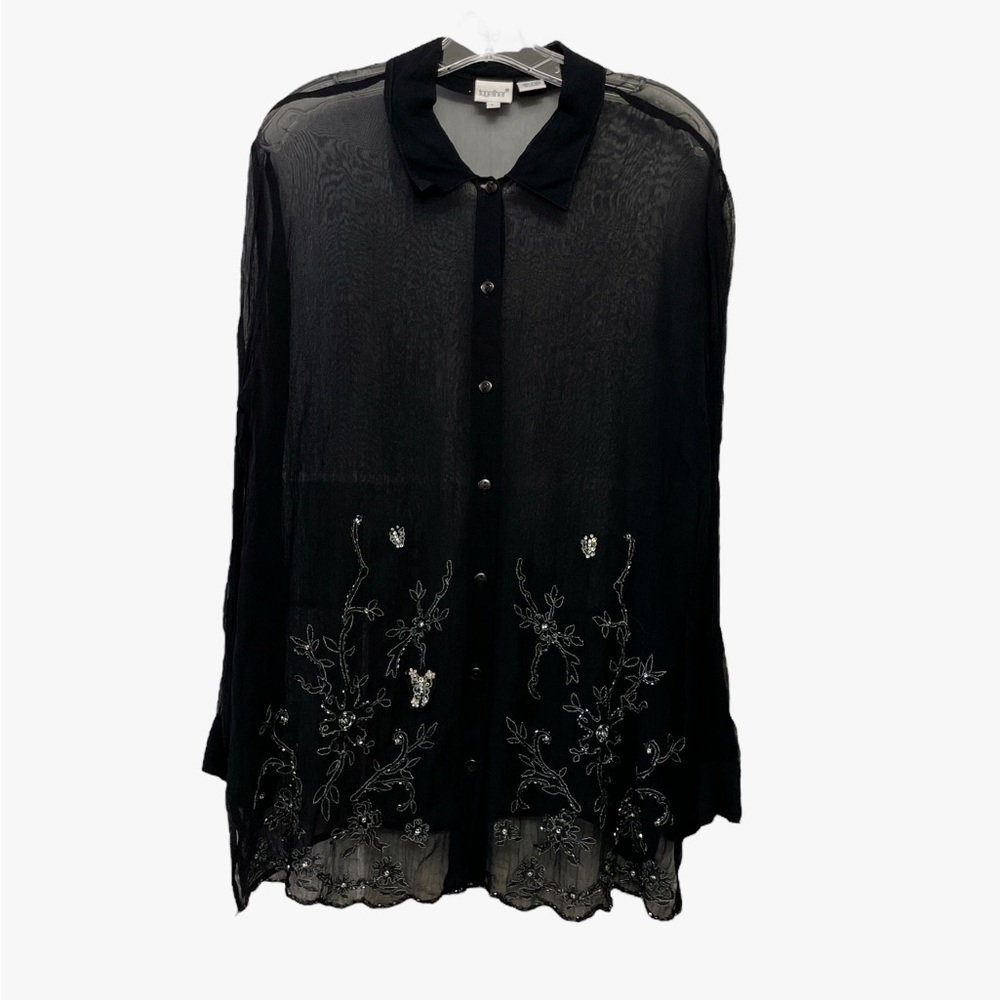 Together Black Sheer Blouse Button Down Sequin Chiffon Butterfly Beaded Size L